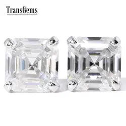 Transgems 14 к белого золота Asscher Cut Moissantie Diamond серьги гвоздики для женщин 4CTW 7 мм Asscher 2ct каждый Moissanite F цвет