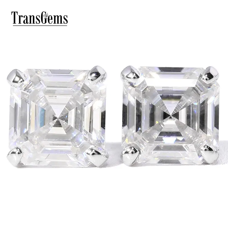 

Transgems 14K White Gold Asscher Cut Moissantie Diamond Stud Earrings for Women 4CTW 7MM Asscher 2ct Each Moissanite F Color