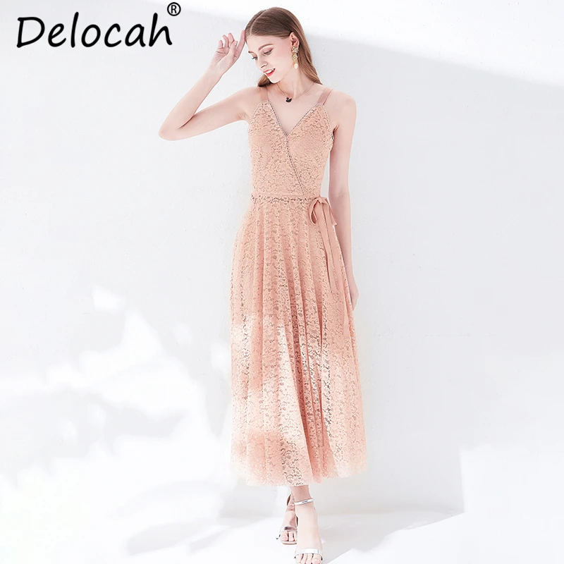 Delocah Women Summer Dress Runway Fashion Designer Sexy V-Neck Spaghetti Strap Bow Tie Elegant Vintage Party Solid Long Dress