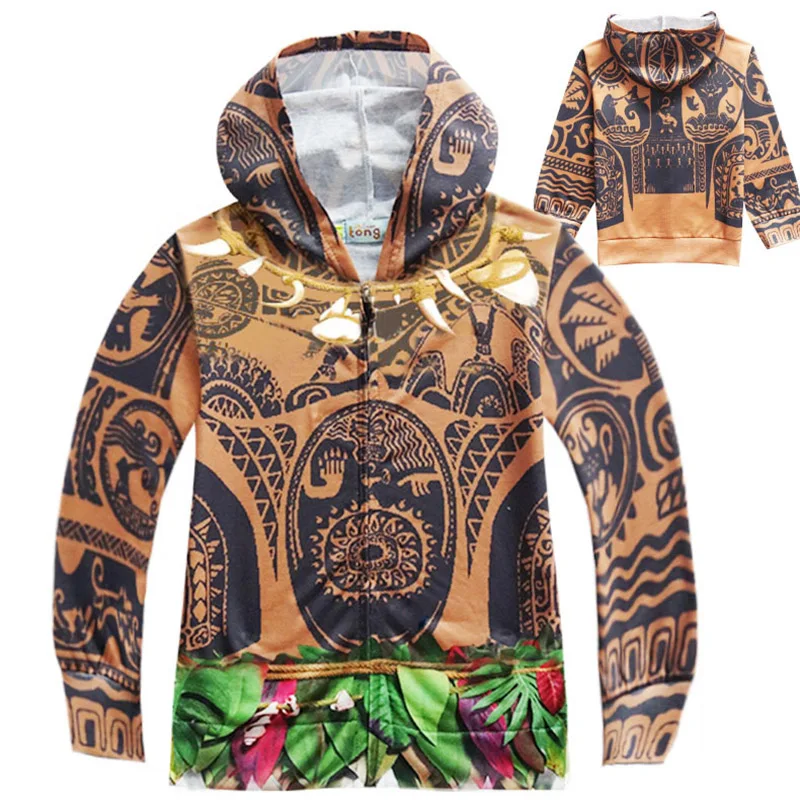 

Kid Mauit Jacket Moana Cosplay Costumes Maui Tattoo Pattern Winter Thick Coat Daily Cardigan Mutlty-Color Hoodies Halloween Cos