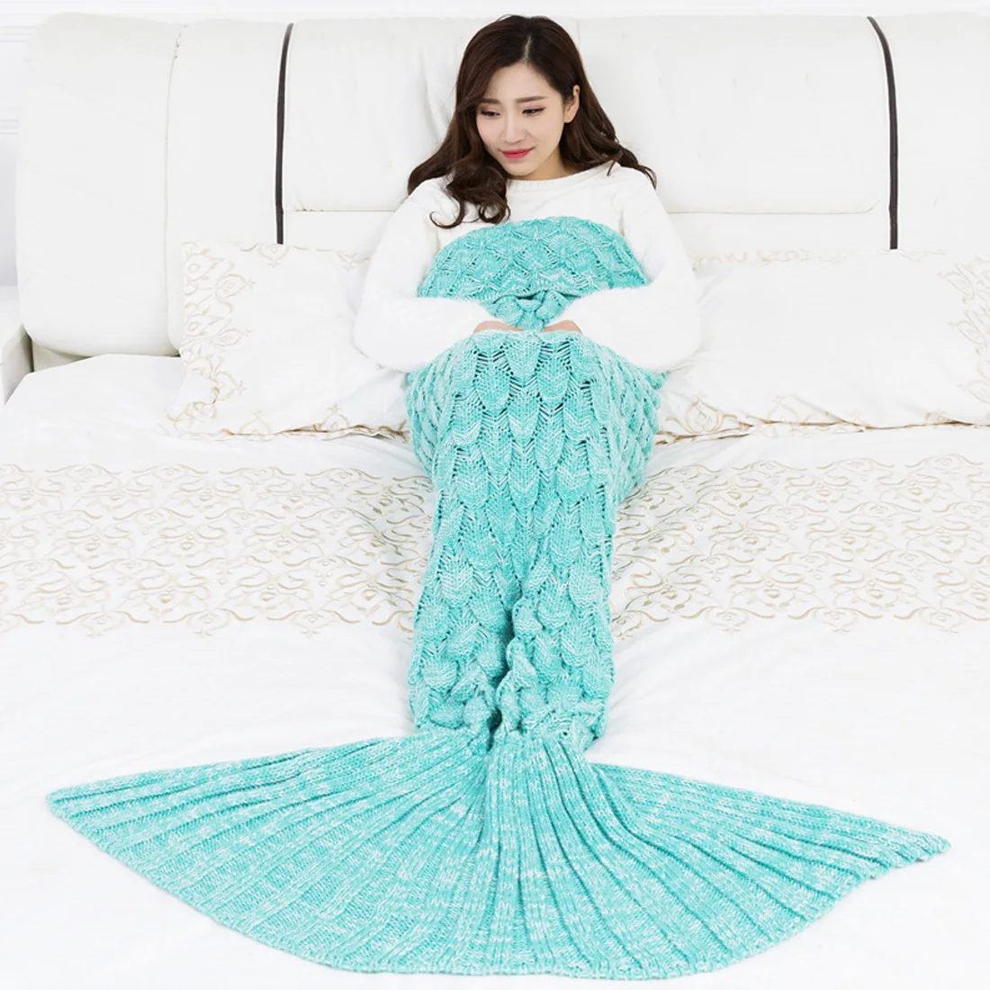Одеяло с рисунком русалки и чешуи, одеяло с хвостом русалки, теплое покрывало для дивана, кровати, пушистое покрывало, вязаное одеяло русалки, 4 размера - Цвет: Green