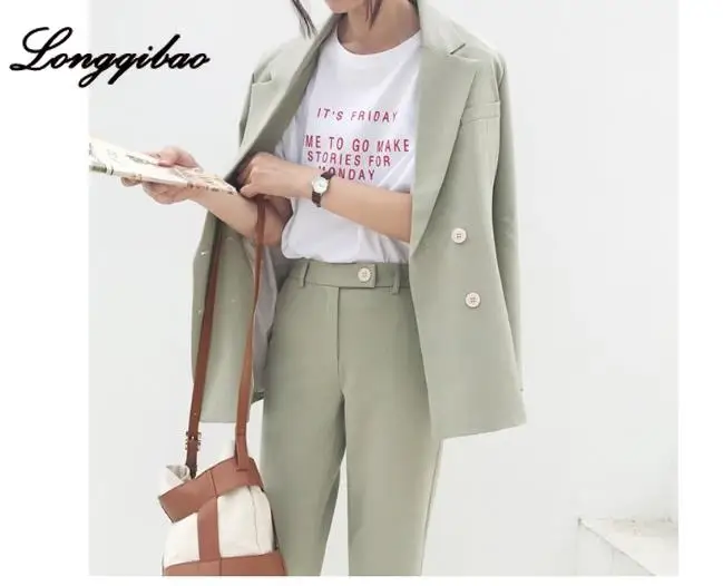 

Women's suit 2019 autumn retro double-breasted women's pants suit light green notched blazer and high waist pants