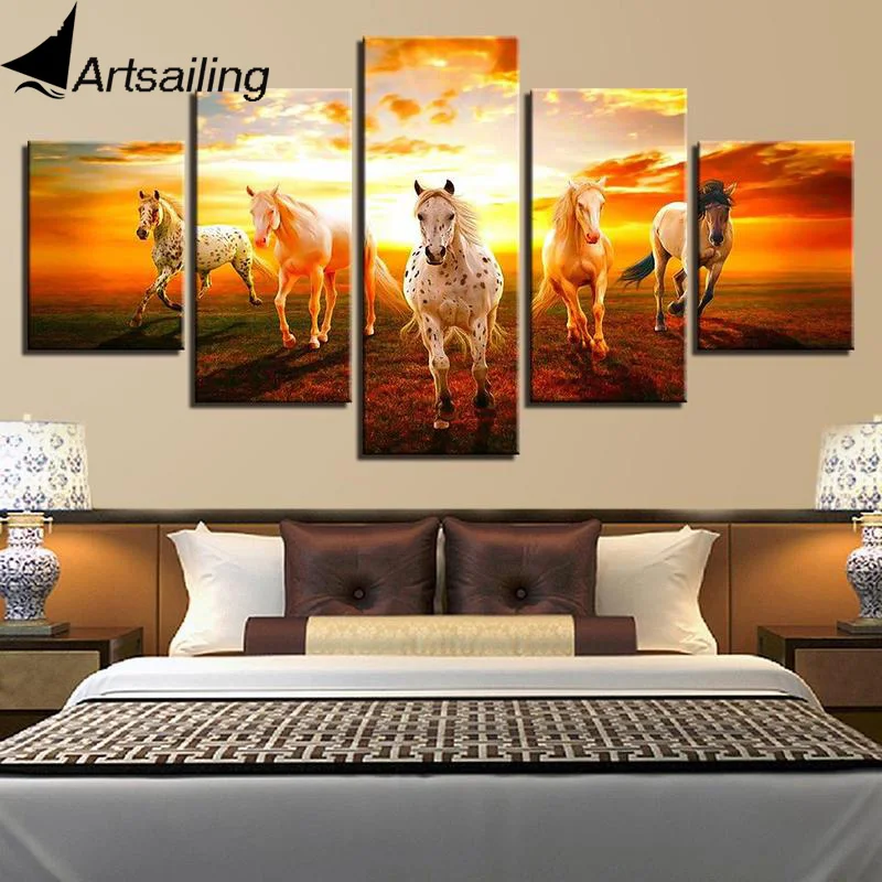 Wall Art Poster Modular Canvas HD Prints Paintings running horses 5 Pieces Pictures Home Decor For Living Room Framework