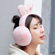 Зимние женские теплые вязаные наушники с заячьими ушками, теплые рождественские женские плюшевые наушники для девочек, теплые PS-03