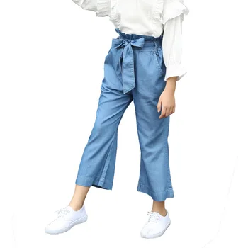 

Spring Summer Big Girls Pants Fashion Korean Lace Wide Leg Pants Casual Bow Belt Ankle-length Denim Pants 4 5 6 7 8 9 10 Years