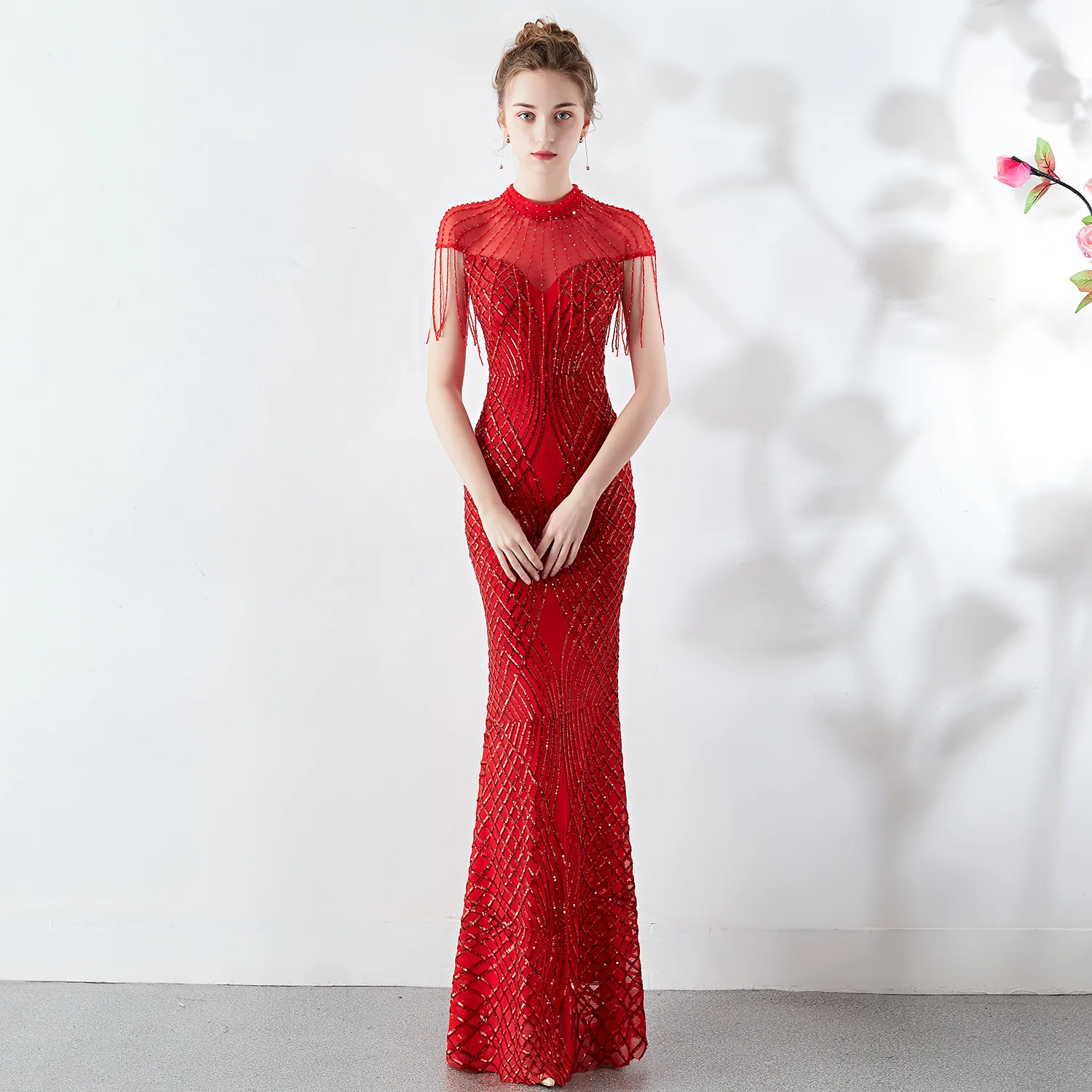 Вечерние женские вечерние платья с блестками, прозрачные сзади, элегантные длинные вечерние платья с бисером - Цвет: Bright Red