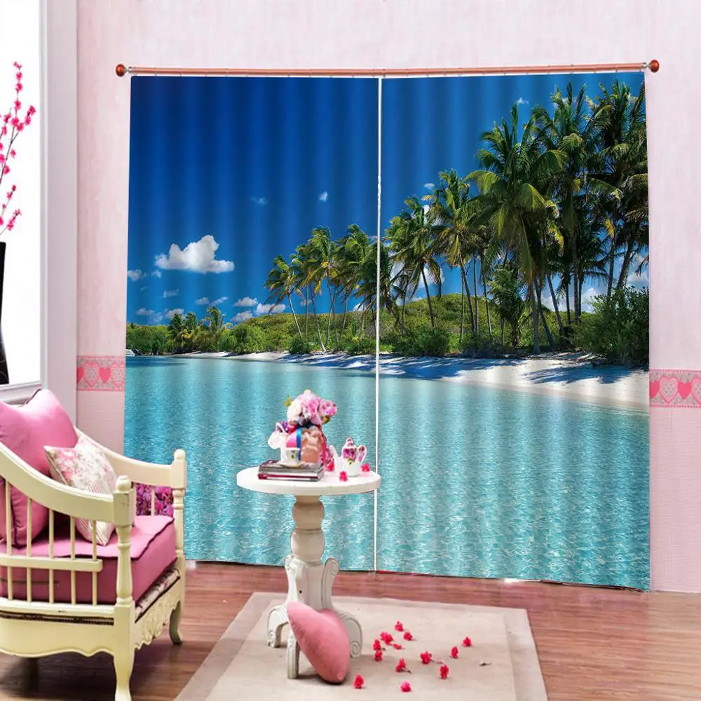 

Custom any size photo blue beach scenery landscape curtains Blackout curtain