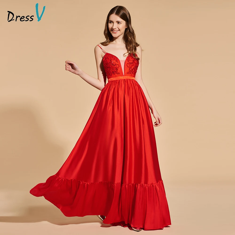 Dressv Beading Elegant Red Long Prom Dress Spaghetti Straps Empire