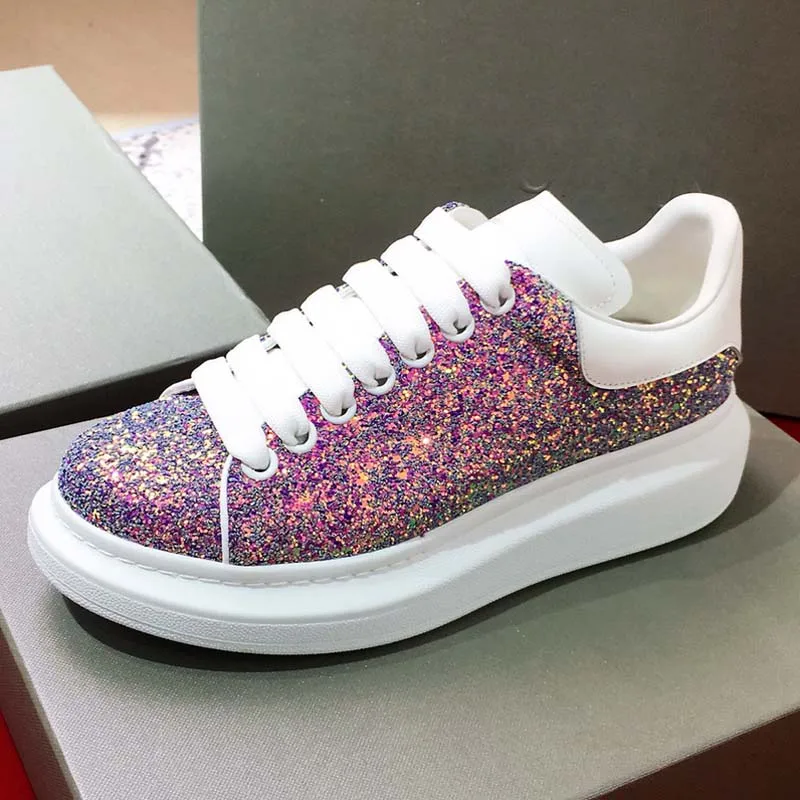 Blingbling Shiny Sequins Women Leather Thick Bottom Single Shoes Famale Lace Up Casual Shoes Summer Luxury Shoes Women Designers