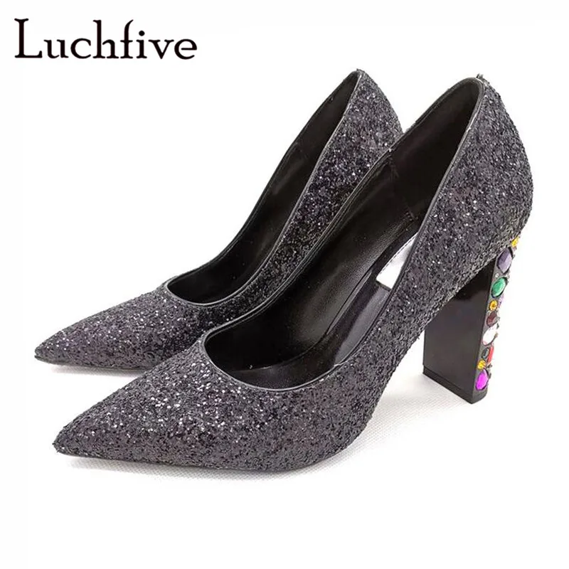 

Colorful Jeweled Chunky High Heels Women Pumps Sexy Sequins Pointy Toe Shoes Woman Runaway Glitter Black Zapatos Mujer