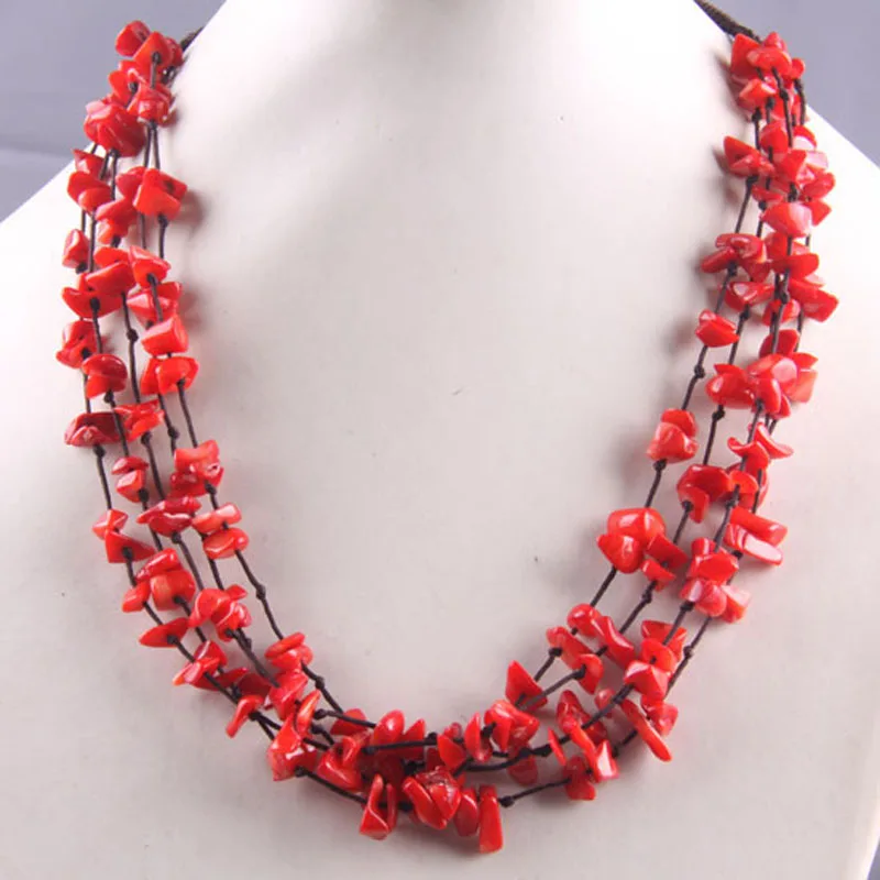 Natural Red Coral Chip Beads Necklace 19 Inch Jewelry For Gift F030in