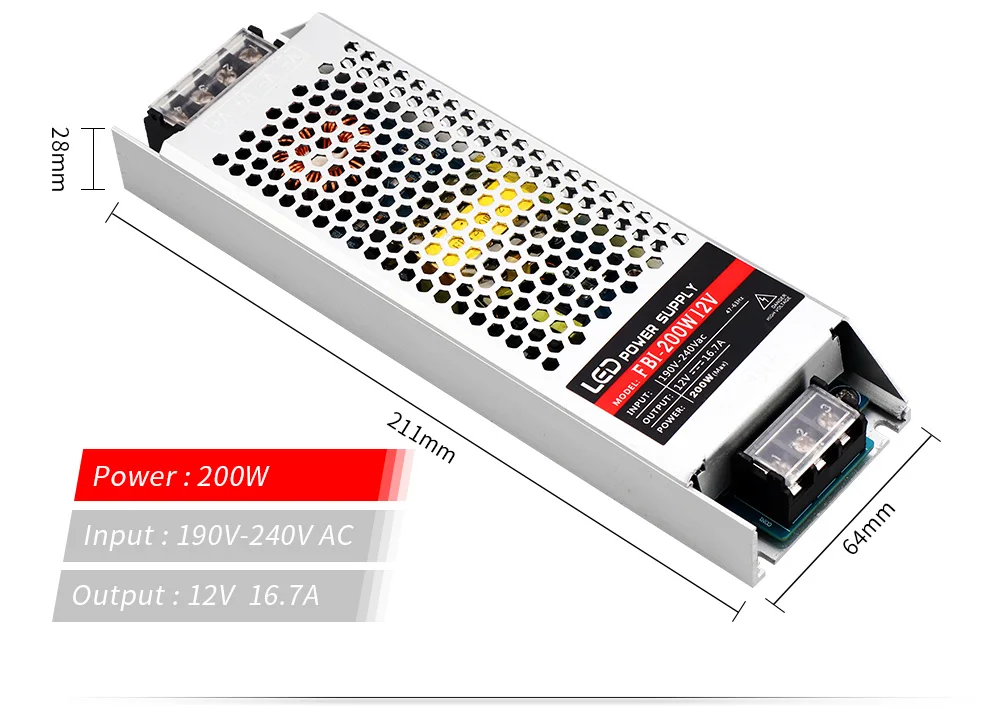 12 V Питание 60 W 100 W 150 W 200 W 300 W светодиодный трансформатор AC190V-240V Светодиодный драйвер для 5050 2835 Светодиодные полосы света драйвер