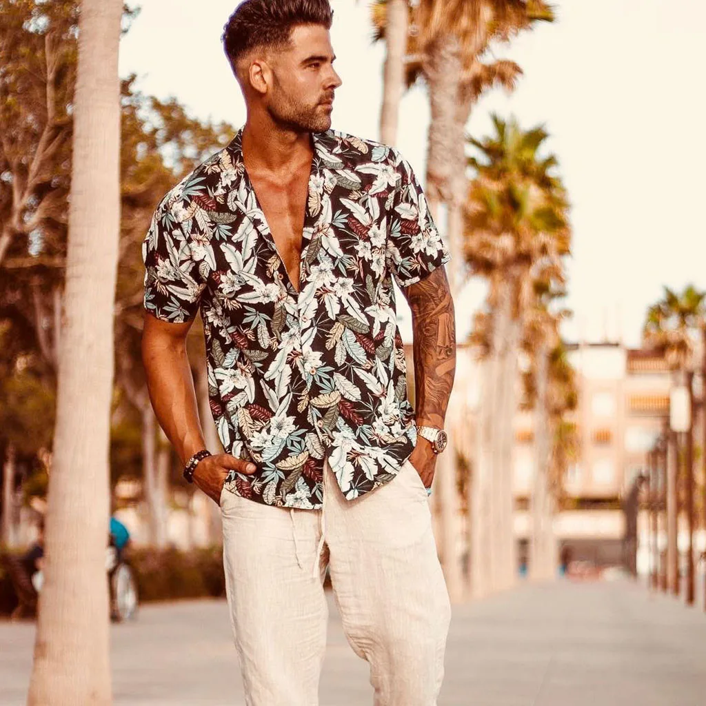 Shirts Men Dress Hawaiian Print Short 