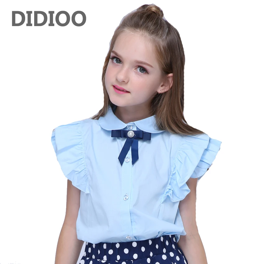  Kids Shirts for Girls Summer Petal Sleeve Blouses Child Solid Shirts School Girls Blue Tops 4 6 8 1