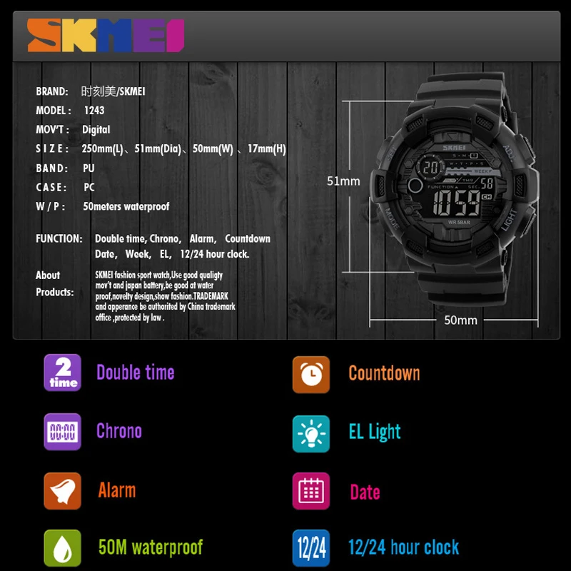 SKMEI Мужчины Цифровые Часы Обратного Отсчета Chrono Часы Двойное Время Тревоги Спортивные Наручные Часы 50 М Водонепроницаемый Relogio Masculino 1243