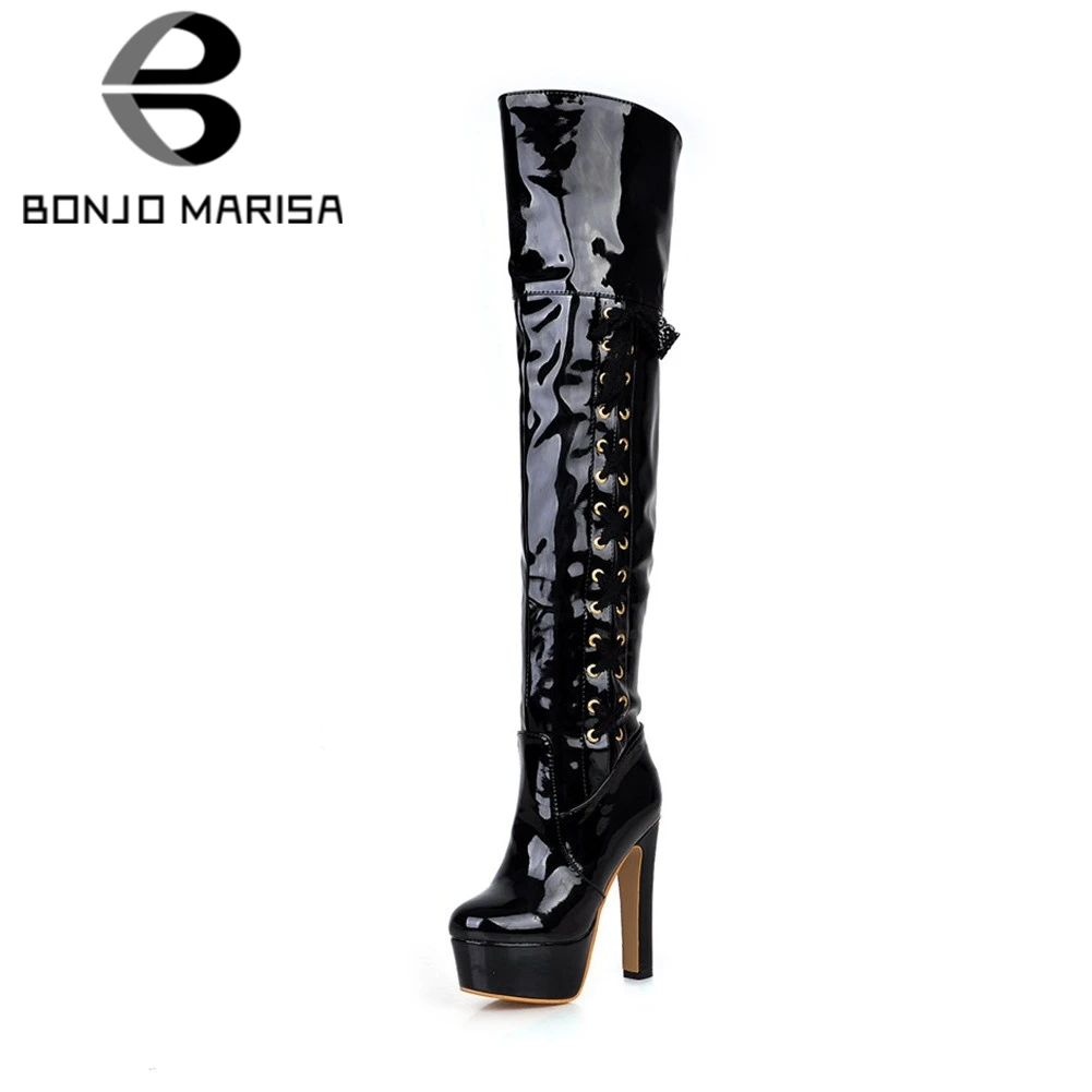 

BONJOMARISA New Fashion Solid High Heels Cross Tied Platform Shoes Woman Casual Party Winter Over Knee Boots Big Size 34-47