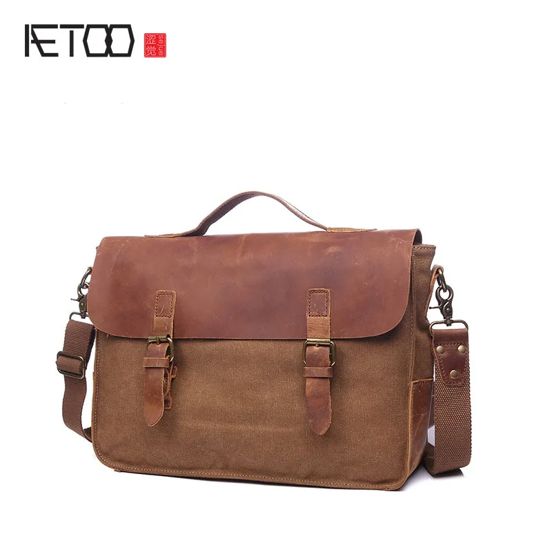 

BJYL Cloth bag Europe and the United States retro portable briefcase retro computer shoulder diagonal package with leather bag