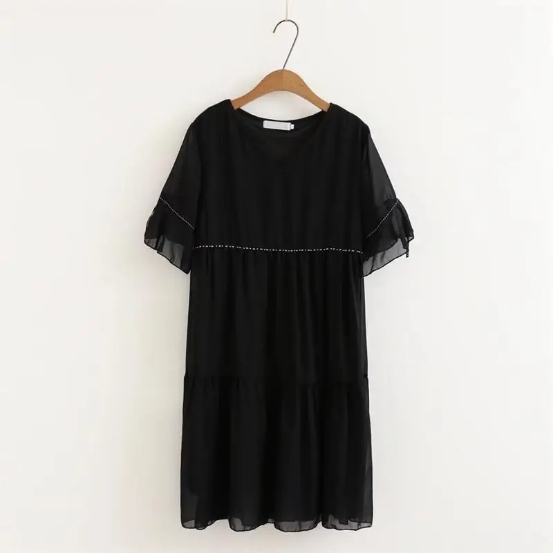 

Plus size 4XL V-Neck butterfly sleeves chiffon women black dress new fashion beading bow pleated vestidos femme dresses