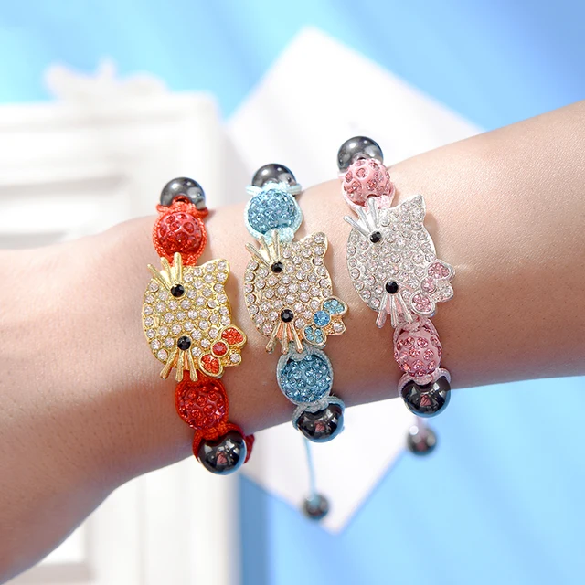 Handmade Cute Children Cat Bracelet for Kids Girls Boys Crystal Beads Connected Braid Charm Bracelets Jewelry 2