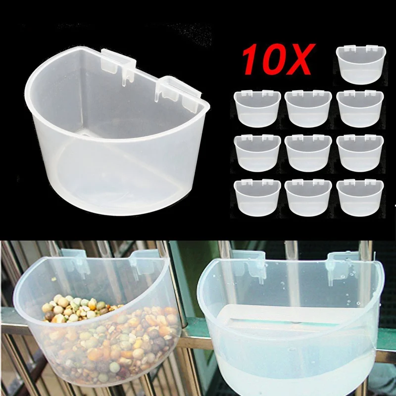 10Pcs Plastic D Cups Feeder Pots With Hooks Aviary Birds Finches Canary