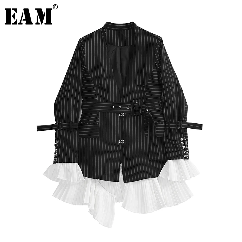  [EAM] 2020 New Autumn Winter Lapel Long Sleeve Black Striped Hem Ruffles Stitch Loose Jacket Women 