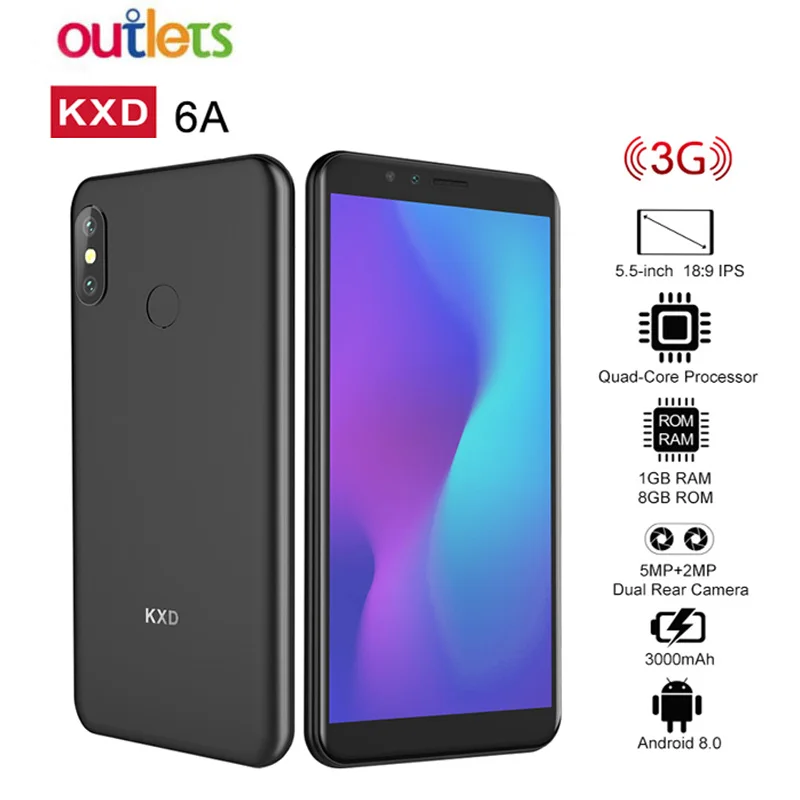 

KXD E&L 6A 1GB RAM 8GB ROM Quad Core Android 8.0 Mobile Phone 5.5'' 3000mAh 5MP+2MP Face Unlock 3G WCDMA Smartphone