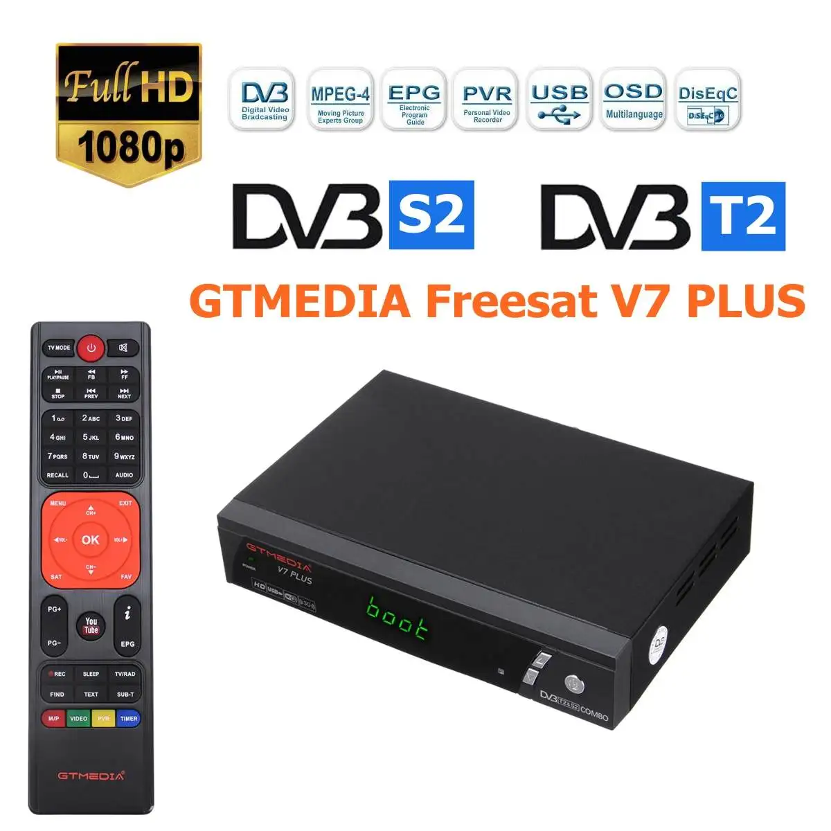 

GTMEDIA V7 PLUS DVB-S2 Satellite DVB-T2 Terrestrial TV Combo Receiver Support H.265 Spanish Italian