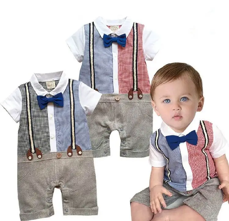 Baby Boys Rompers Summer Bow Tie Strap Plaid Short Sleeve One Piece
