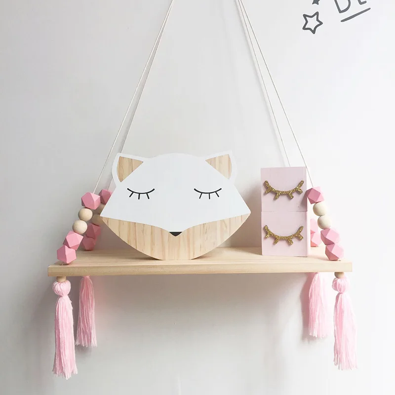 Bedroom Decorative Shelves Hanging Rack Handmade Wood Beads Storage Shelf Organization Swing Shelf Home Decor For Kids Room