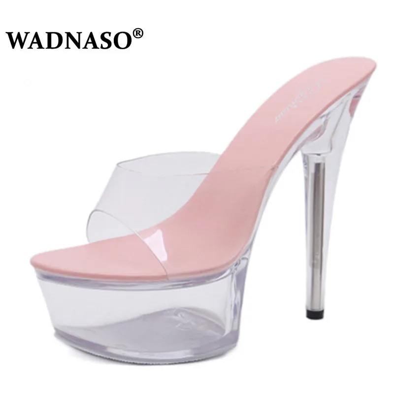 

WADNASO New High Quality Shoes Woman High-heeled 15cm SlidesTransparent Bottom Thin Heels Platforms Model Catwalk Shoes Eu 34-43