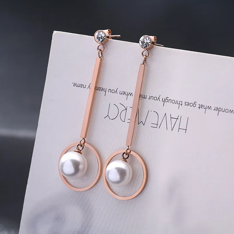 New Jewelry Accessories CZ Stainless Steel Drop Earrings Circle Simulated-pearl Long Chain Ear Wire Brincos Fashion for Women | Украшения и