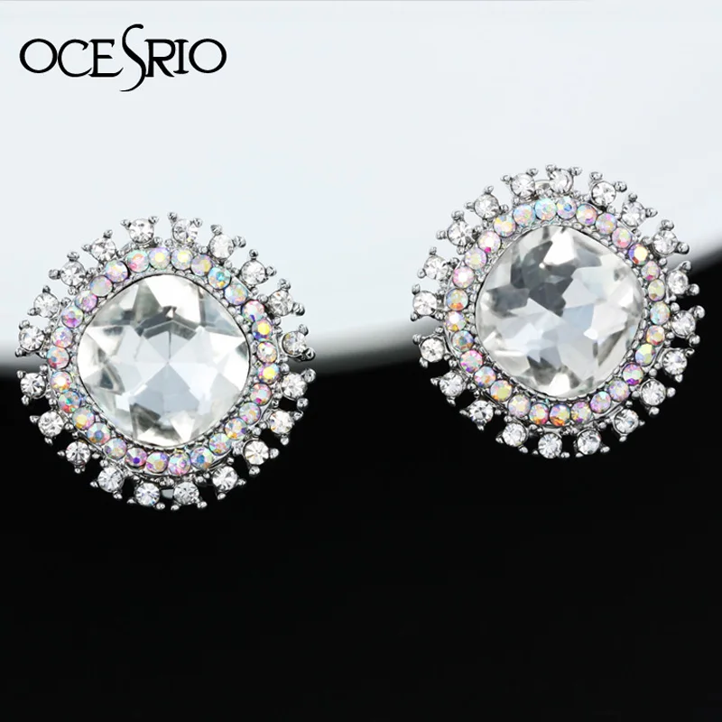 

OCESRIO Fancy Big Crystal Clip on Earrings for Women Flower Round Silver Clip Earrings without Piercing pendientes mujer ers-h13