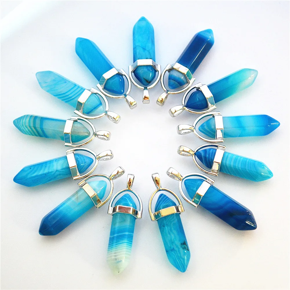

Gazelle Blue Agates Natural Stone Smoke Crystal Pillar Point Pendants & Necklaces For Making Diy Jewelry 24pcs Free Shipping