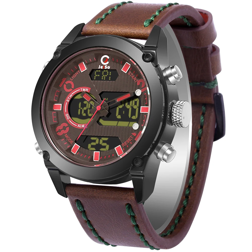 

2018 Newest Digital Analog Sport Watch for Man Genuine Leather Strap 30M Water Resistant Army Military Watch