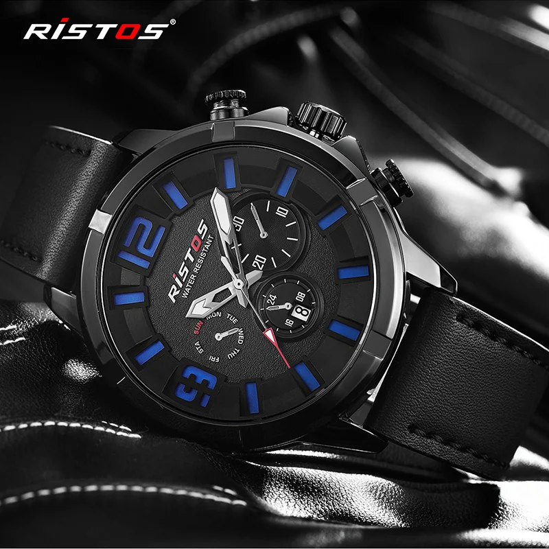 

2018 Ristos Men Wristwatch Relogio Masculino Mentre Hombre Calendar Sport Quartz Watch Military Clock Male Genuine Leather Strap