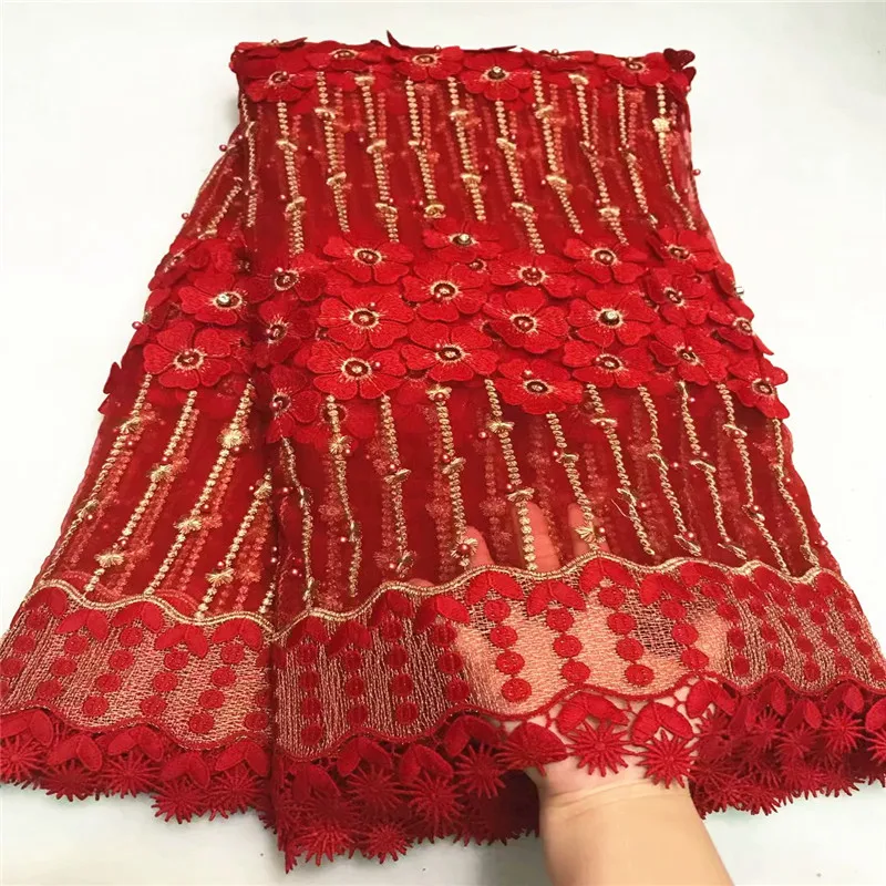 

Free shipping unique african cord lace fabric high quality red french guipure lace fabric beaded fabricf for party dress ZQ56-3