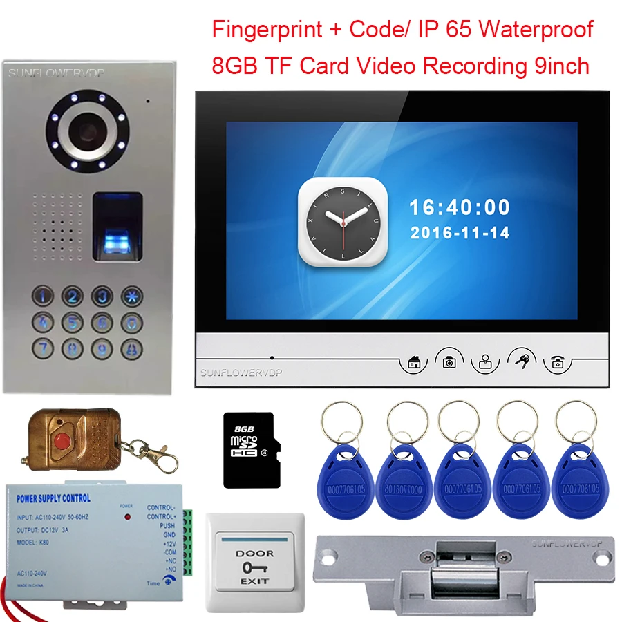 

9'' Video Intercom With Electromechanical Lock Video Door Entry System + 8GD TF Card IP65 Waterproof Fingerprint/Code Unlock Kit