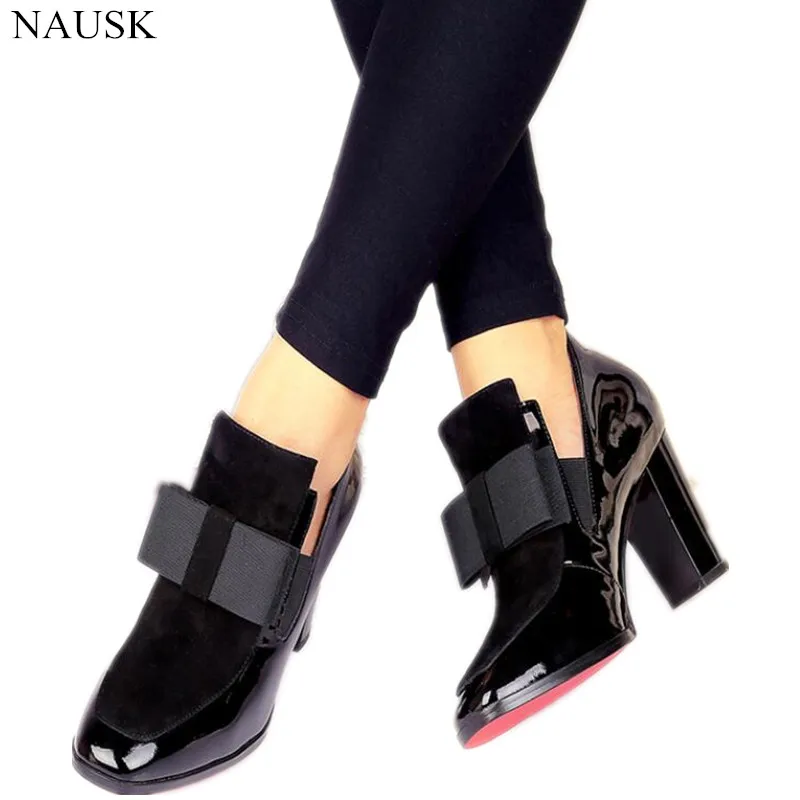 

New 100% Red Bottom Sole High Heels Pumps Square Toe Genuine Leather Shoes Women Ladies Black Sexy Chaussure Femme