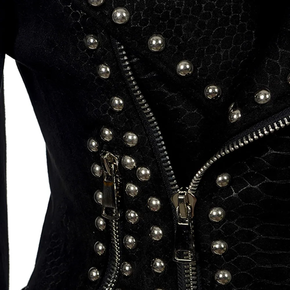 astounding  Rosetic Gothic Belt Rivet Faux Leather PU Jacket Women Winter Autumn Motorcycle Jacket Black Faux L