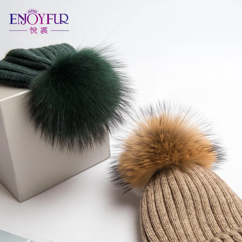 Enjoyfur вязаная шерстяная шапка для женщин реального енота Меха помпоном толстые теплые женские шапки Хорошее качество Шапки для осень-зима шапочки