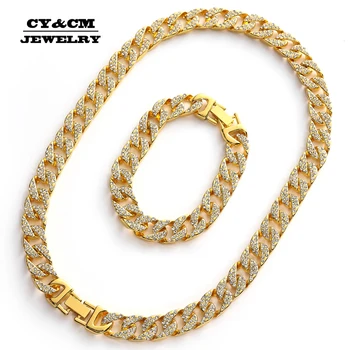 

13mm Iced Out Miami Cuban Link Crystal Necklace Choker Bling CZ Rhinestone Hip Hop Gold Silver Color for Men Chain Bracelet Set