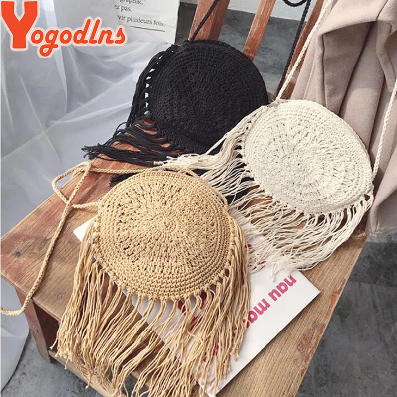 Yogodlns Fashion Round Hand-woven Woman Shoulder Bag Summer Travel Shopping Straw Beach Bags Tassels Female Small Messenger Bag