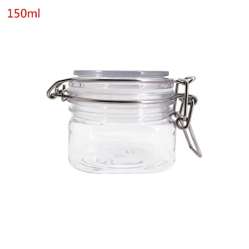 150ML Plastic Square Clip Top Storage Jar With Airtight Seal Lid Kitchen Food Container Tableware Preserving Cosmetic Cream Orga