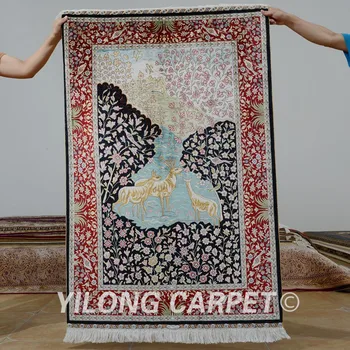 

Yilong 3'x4.5' Antique oriental deer design carpet exquisite hand knotted persian design silk rug (1083)