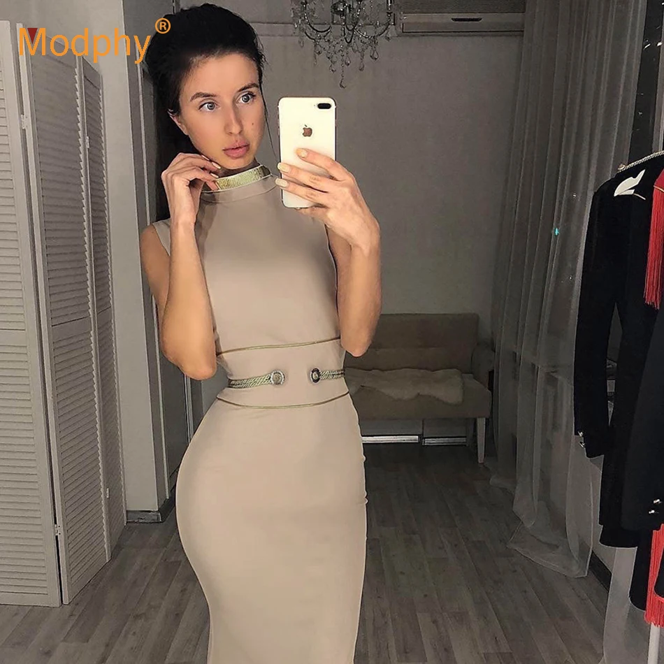 

New Year Party 2019 High Quality New Fashion Women Apricot Sexy Bandage Dress Sleeveless Bodycon Dress Vestidos