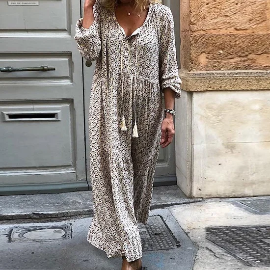 Gray Lipswag 5XL Summer Autumn Long Sleeve Printed Boho Dress Women Loose V-neck Maxi Dresses Vintage Plus Size Long Dress Vestidos - Цвет: Gray
