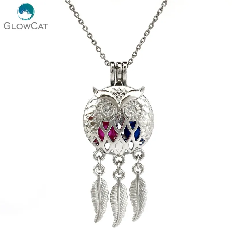 

K707 Silver Alloy Beaty Dream Catcher Owl leaf Pearl Cage Pendant Chain Aroma Essential Oil Diffuser Locket Necklace