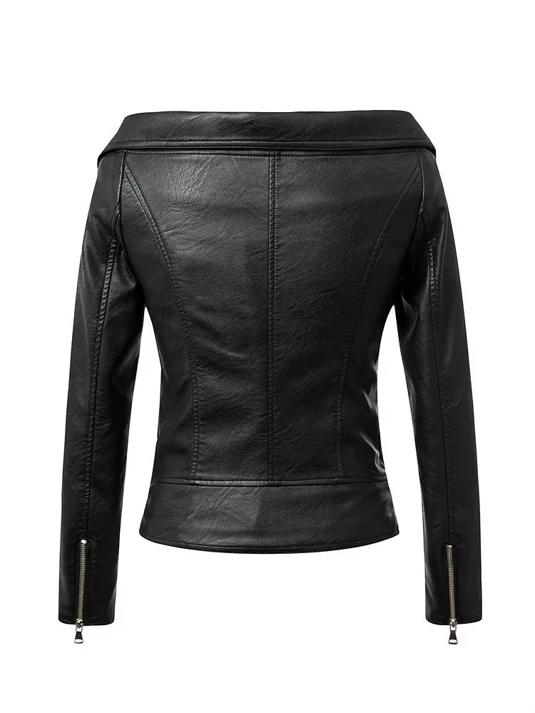 Женская куртка из искусственной кожи с открытыми плечами; женская мотоциклетная куртка; коллекция года; сезон весна-осень; Верхняя одежда; пальто; короткие базовые куртки на молнии
