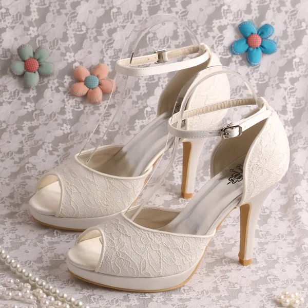 Wedopus Professional Wedding Bridal Shoes Cream Lace Peep Toe Ankle