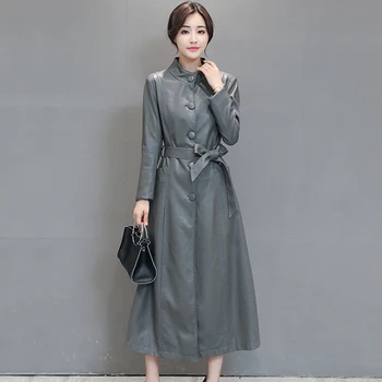 

Autumn Limited Plus Size M-5xl Women Gray Long Leather Windbreaker 2018 Winter New Fashion Slim Sheepskin Jacket No279